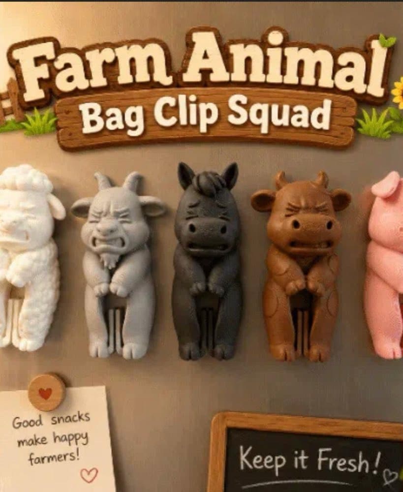 Six farm animal bag clips with funny concentrating faces