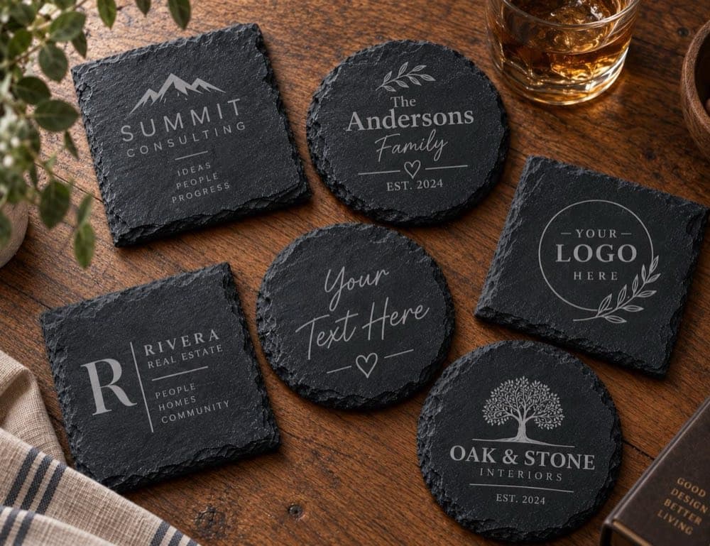 Natural slate coasters laser engraved with a personalised design