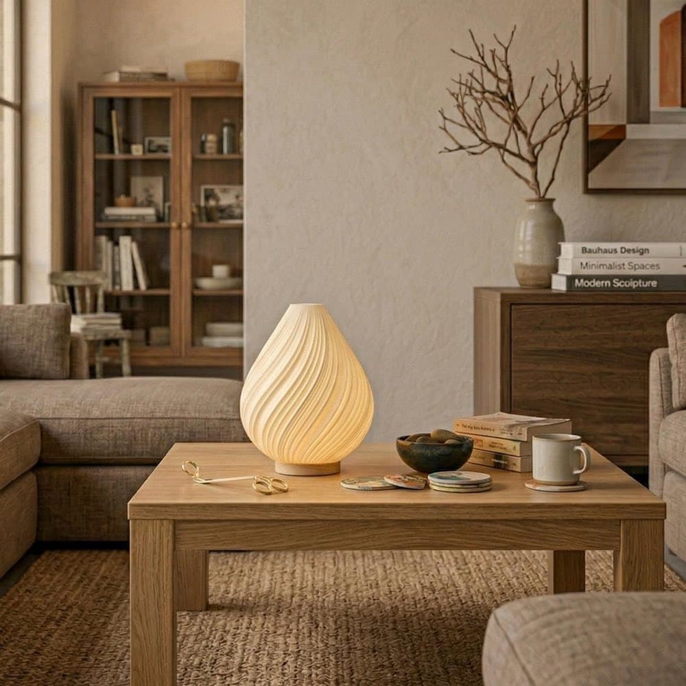 Modern spiral table lamp with a twisted sculptural shade
