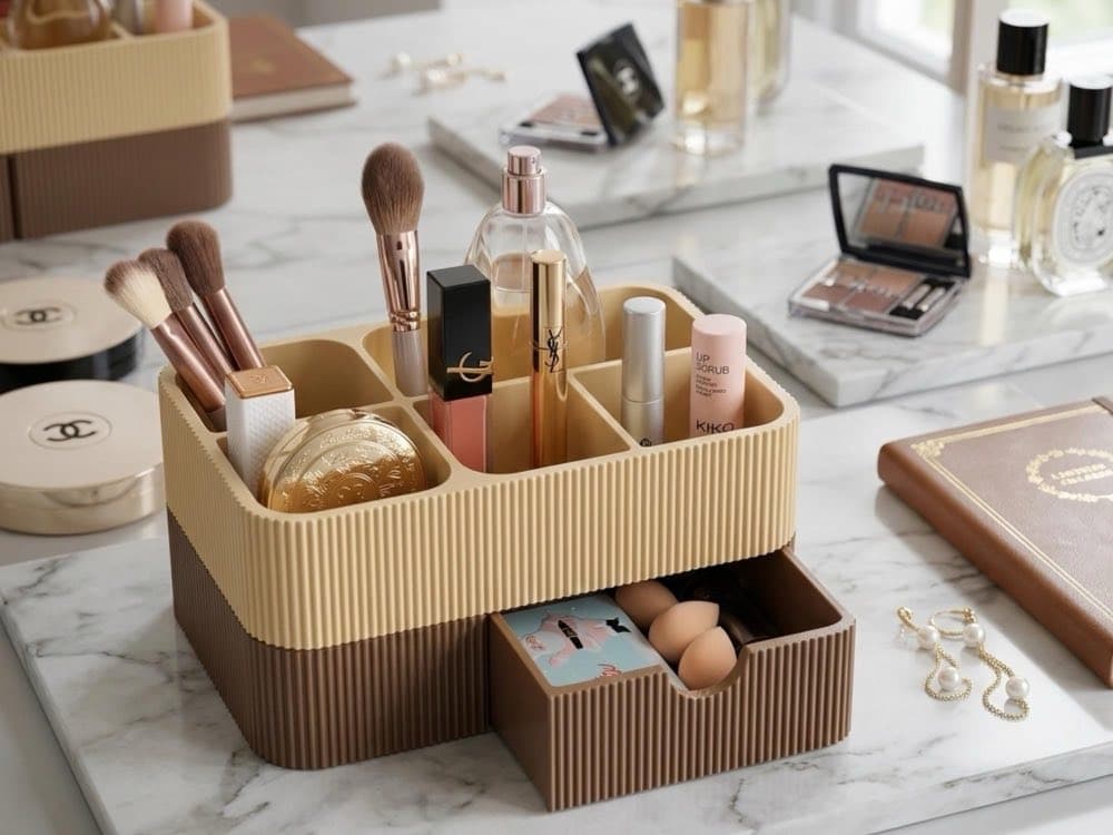 Ribbed makeup organiser with top compartments and a small drawer