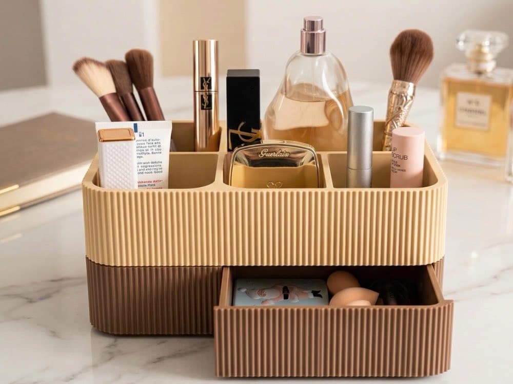 Ribbed makeup organiser with top compartments and a small drawer
