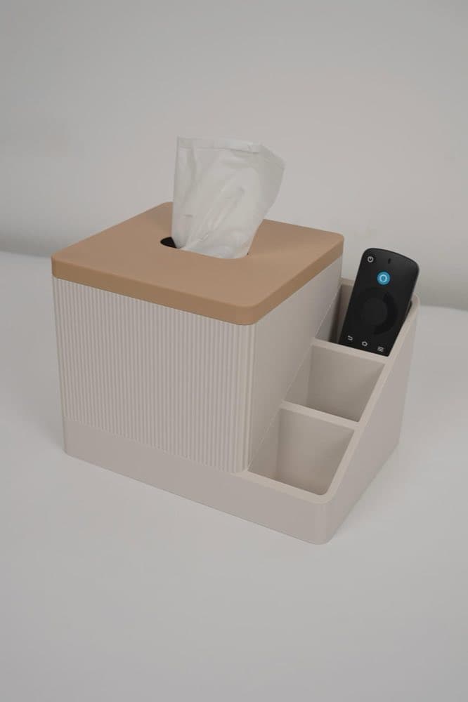 Ribbed tissue box cover with three side compartments for remotes