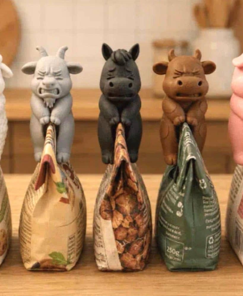 Six farm animal bag clips with funny concentrating faces