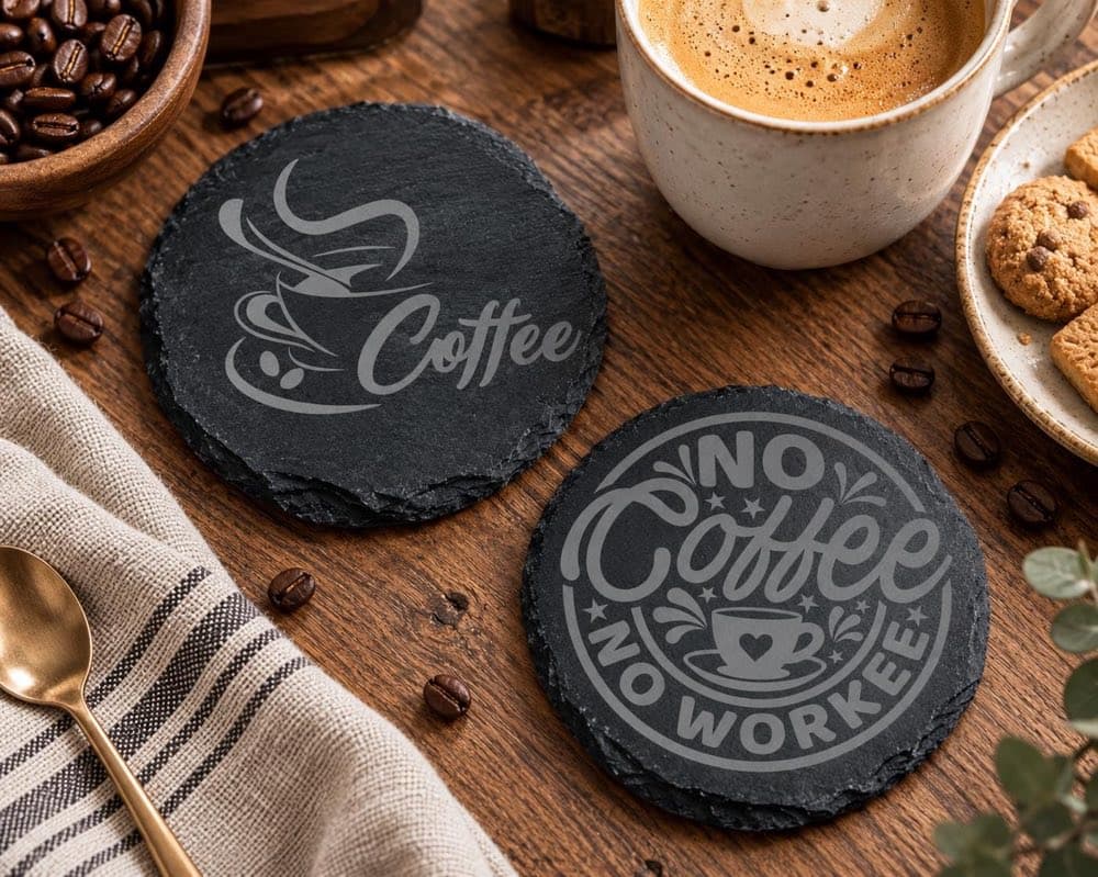Natural slate coasters laser engraved with a personalised design