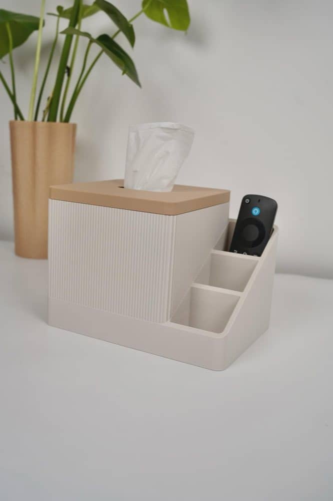 Ribbed tissue box cover with three side compartments for remotes
